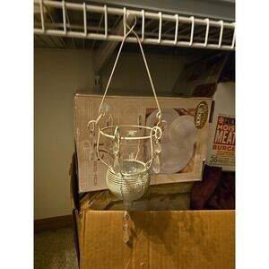 vintage white metal hanging votive candle holder adorned with clear crystal-like